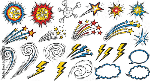 Comic Style Burst Effects Set with Star Trails, Thunderbolts on White Background