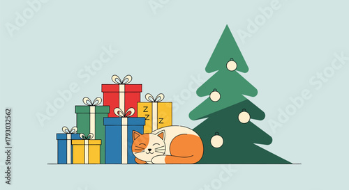Festive Cat Nap - A Cozy Christmas Scene with Gifts and Tree.