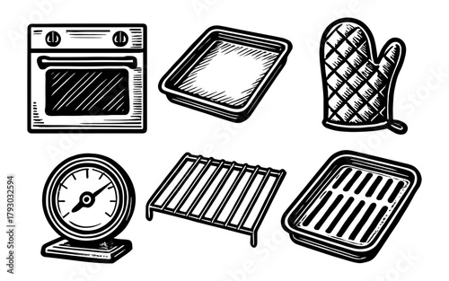Hand drawn cooking tools set: oven, tray, mitt, scale, and grill rack