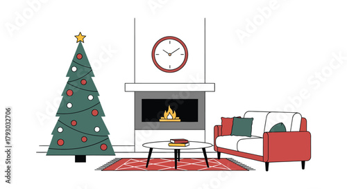 Festive Living Room Scene with Christmas Tree and Fireplace.
