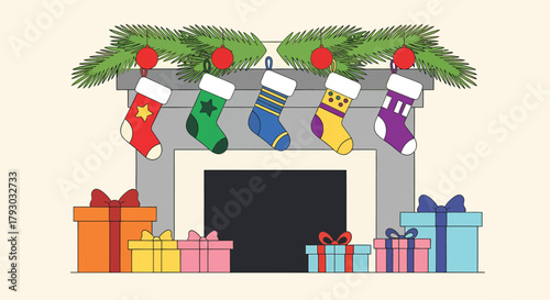 Festive Fireplace with Christmas Stockings and Gift Boxes.