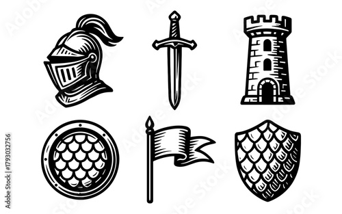 Medieval icons with sword, helmet, tower, shield, and flag in vintage style