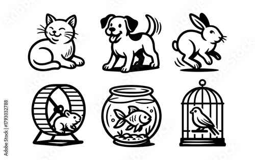 Cute pet icons: cats, dogs, rabbits, hamsters, fish, birds in bold black style