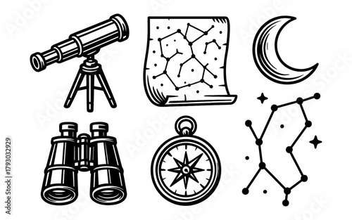 Celestial exploration set: telescope, binoculars, constellation map, moon, compass