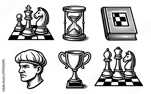 Classic chess icons: pieces, timer, strategy book, vintage trophy, player portrait