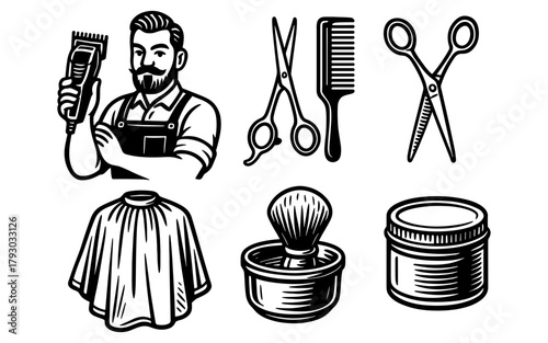 Vintage barber tools and accessories in monochrome style