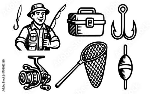 Vintage fishing gear and angler in black and white