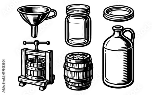 Vintage black and white kitchen tools in engraved style