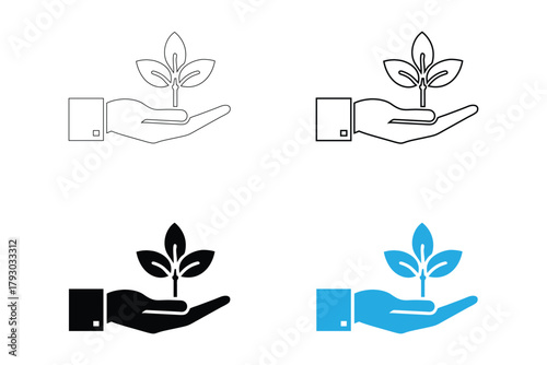 hand holding a plant vector icon set, nature ecology environment vector silhouette and line art