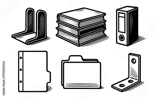 Office supplies sketch: folders, binders, and bookends in black and white