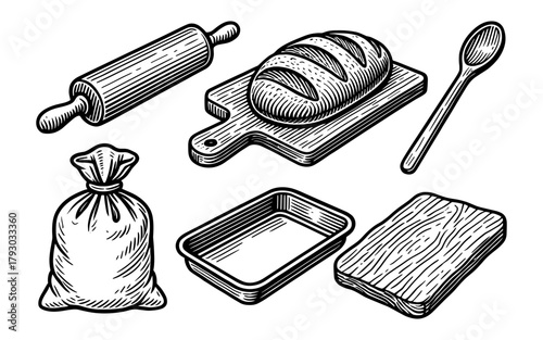Rustic baking essentials with bread and kitchen tools in vintage style