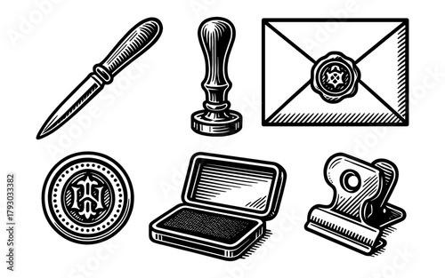 Vintage ink tools and seals: retro hand-drawn stationery collection