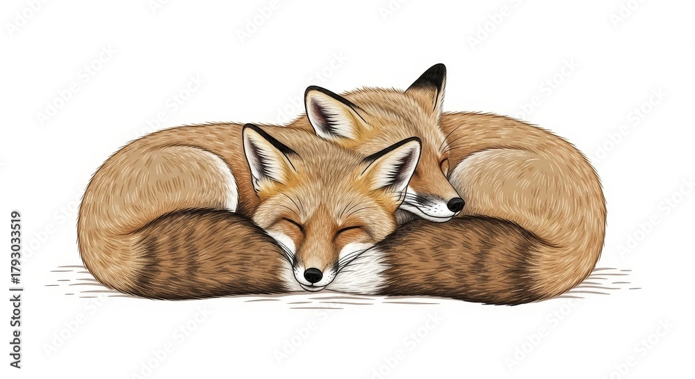 Obraz premium Sleeping Foxes Cuddled Together - Two foxes are snuggled up together, peacefully sleeping. The is an illustration on a white background