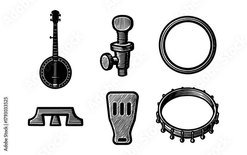 Vintage banjo instrument parts in black and white engraving style