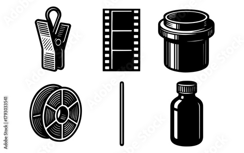 Retro photography icons: monochrome film roll, camera clip, darkroom jar