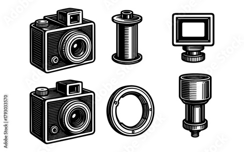 Vintage camera set: classic photography gear in detailed engraved style