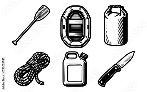 Vintage camping and rafting equipment: retro adventure essentials collection