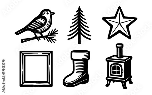Set of retro black and white rustic icons: bird, tree, star, frame, boot, stove