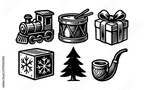 Retro holiday icons: train, drum, gift, ice cube, tree, pipe in vintage style