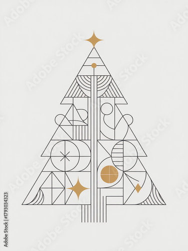 Geometric abstract Christmas tree made with golden and black linear shapes on white