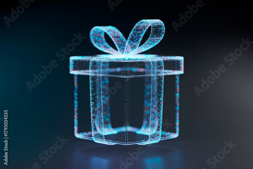 Blue holographic gift box made of glowing particles on a dark futuristic background