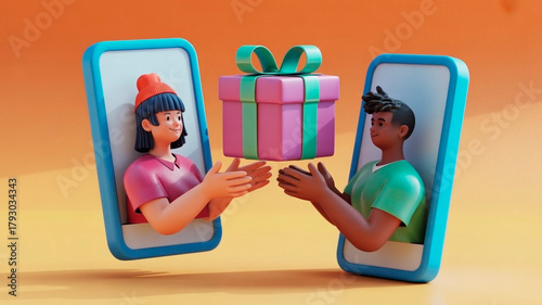 3d characters exchanging a gift through mobile phones with a bright colorful background