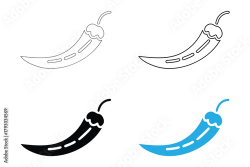 hot chili pepper icon set, spicy chili pepper vector silhouette and line art