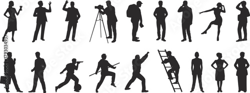Silhouettes of diverse people in action, dancing, climbing, working, playing, posing, walking, talking, capturing moments, urban lifestyle, professions