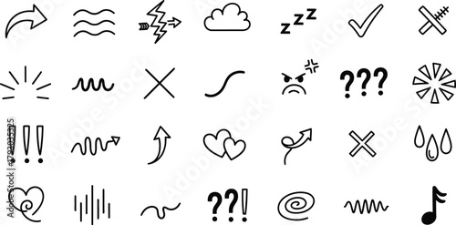 Doodle Symbols Collection Arrow, Cloud, Heart, Music Note,Question Marks, on White