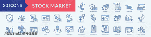 Stock market thin icon set containing cashback,accounting,revenue,risk management,data analysis