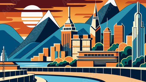 Retro travel poster revival with art deco vibes in bold geometric hues