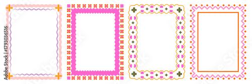 Retro 70s borders/frames set. Playful, groovy, scalloped floral motifs in olive green, pink, orange. Flat graphic design for invitations, scrapbooking, social media, posters, and vintage packaging.