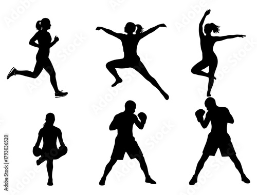 Silhouettes of Active People Engaging in Various Sports and Exercises for a Healthy Lifestyle