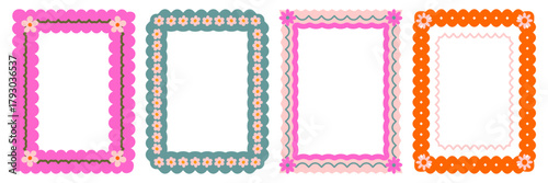 Retro 70s borders/frames set. Playful, groovy, scalloped floral motifs in olive green, pink, orange. Flat graphic design for invitations, scrapbooking, social media, posters, and vintage packaging.