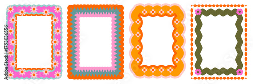 Retro 70s borders/frames set. Playful, groovy, scalloped floral motifs in olive green, pink, orange. Flat graphic design for invitations, scrapbooking, social media, posters, and vintage packaging.