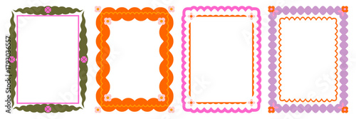 Retro 70s borders/frames set. Playful, groovy, scalloped floral motifs in olive green, pink, orange. Flat graphic design for invitations, scrapbooking, social media, posters, and vintage packaging.