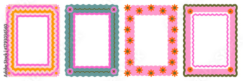 Retro 70s borders/frames set. Playful, groovy, scalloped floral motifs in olive green, pink, orange. Flat graphic design for invitations, scrapbooking, social media, posters, and vintage packaging.