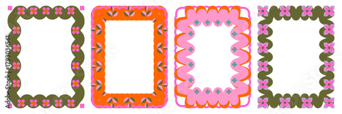 Retro 70s borders/frames set. Playful, groovy, scalloped floral motifs in olive green, pink, orange. Flat graphic design for invitations, scrapbooking, social media, posters, and vintage packaging.