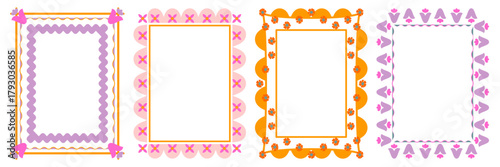 Retro 70s borders/frames set. Playful, groovy, scalloped floral motifs in olive green, pink, orange. Flat graphic design for invitations, scrapbooking, social media, posters, and vintage packaging.