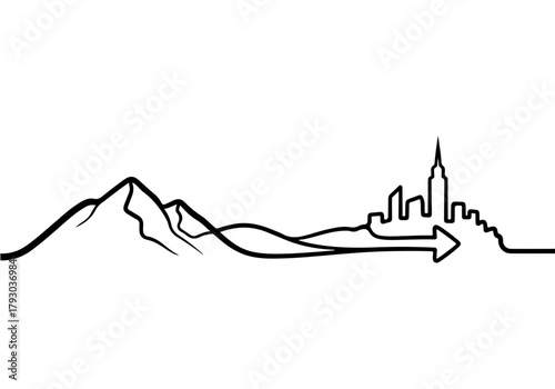 Dynamic mountain city transition arrow icon, modern travel destinations art