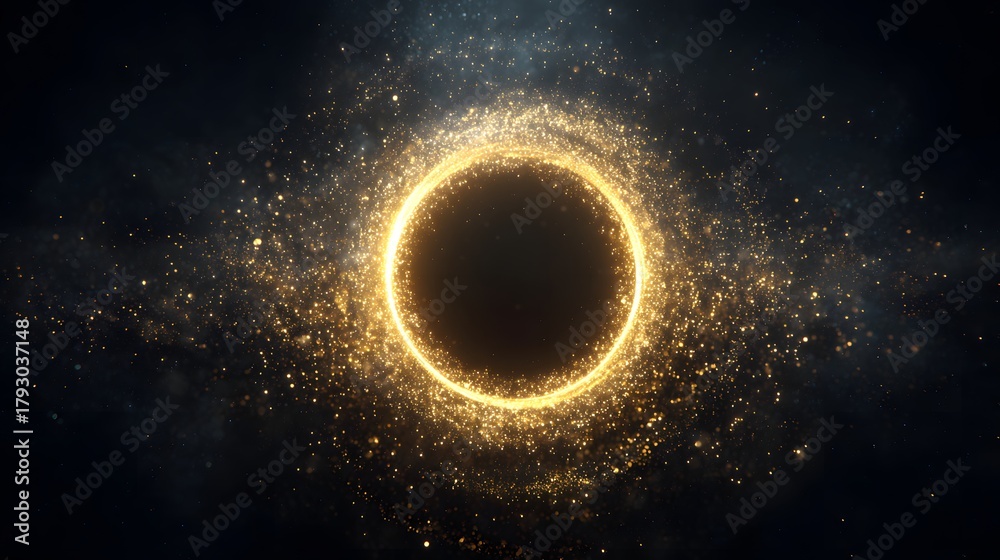 Fototapeta premium Glowing golden ring of light swirls amid dark cosmic dust and particles