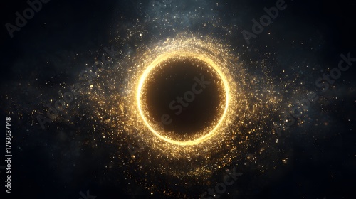 Glowing golden ring of light swirls amid dark cosmic dust and particles