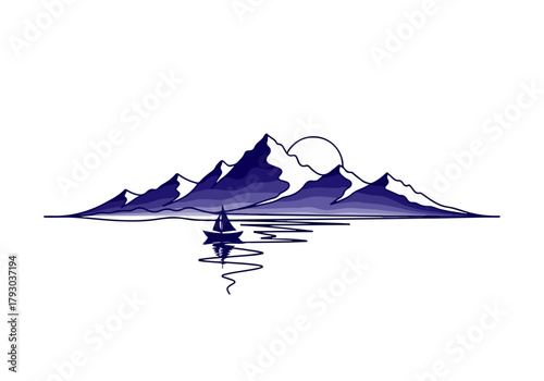 Serene sailboat glides across calm water near majestic mountain range