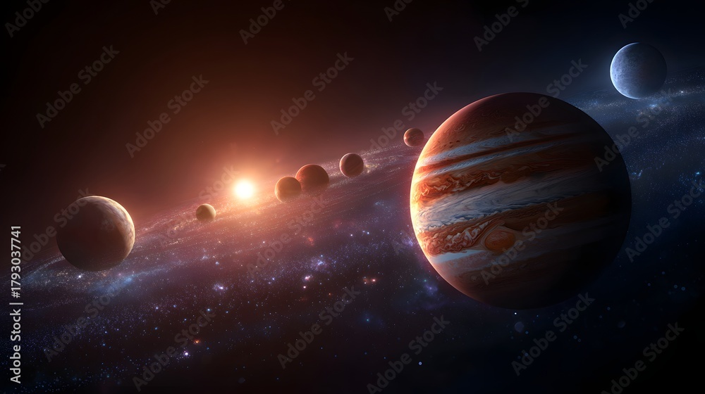 Fototapeta premium Numerous celestial bodies orbit a luminous star within a swirling nebula of cosmic dust