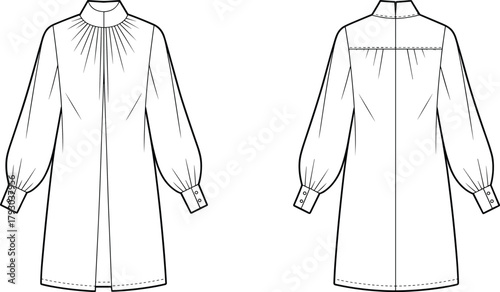 Long sleeve blouse flat sketch, gathered neckline tunic technical drawing, loose fit shirt design, fashion vector template for sewing pattern illustration