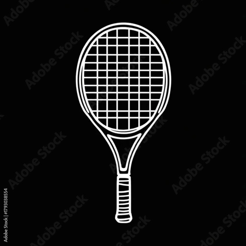 Tennis Racket Silhouette: A simple yet elegant outline of a tennis racket, a symbol of sport and leisure, perfectly framed against a black backdrop, conveying a sense of classic minimalism.