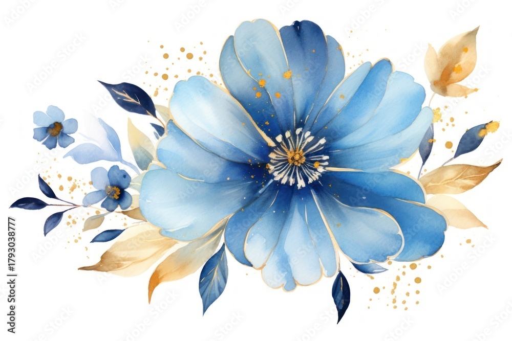 Fototapeta premium Blue flower watercolor and golden glitter outline stroke pattern petal plant.