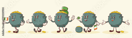 Saint Patrick Day Groovy Lucky Coin Cauldron Retro Character Set. Cartoon Green Clover Trefoil Shamrock and Gold Pot Personage Collection. Vector Irish Holiday Mascot Template Illustrations. Isolated