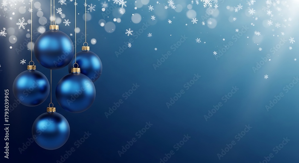 Fototapeta premium Holiday Winter Christmas Poster, light blue Christmas ornaments hanging from gold strings graceful arrangement of shimmering blue Christmas baubles hanging