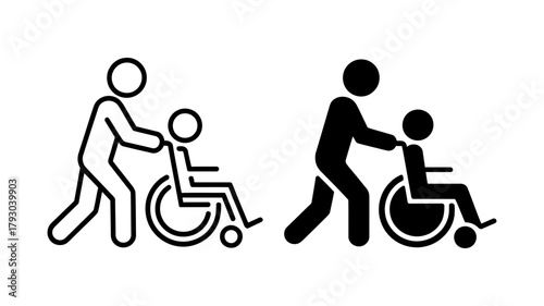 Person pushing a wheelchair, depicted in both line art and solid black versions